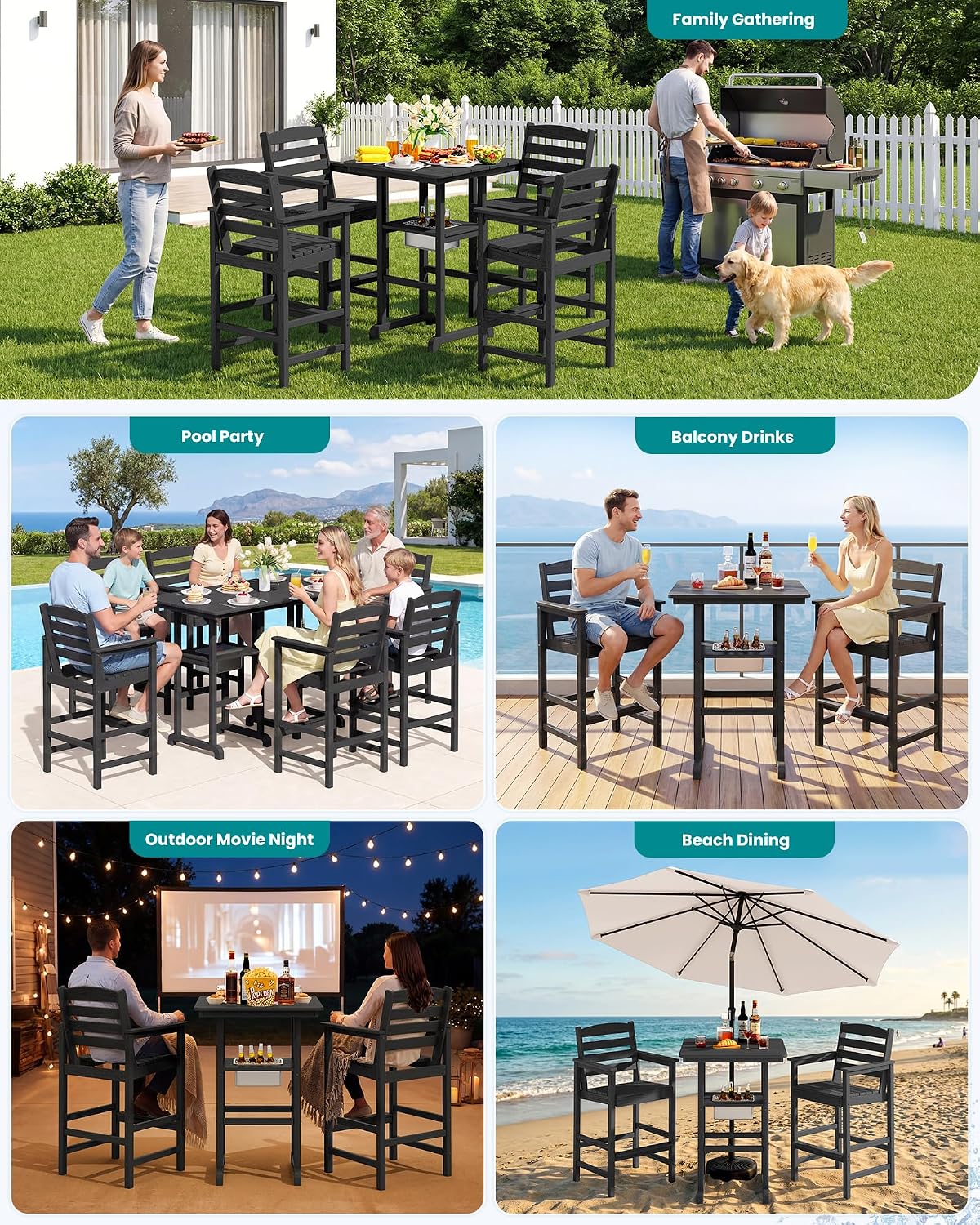 SERWALL 8 Pieces Outdoor Bar Chairs Table with Ice Bucket Set, Black