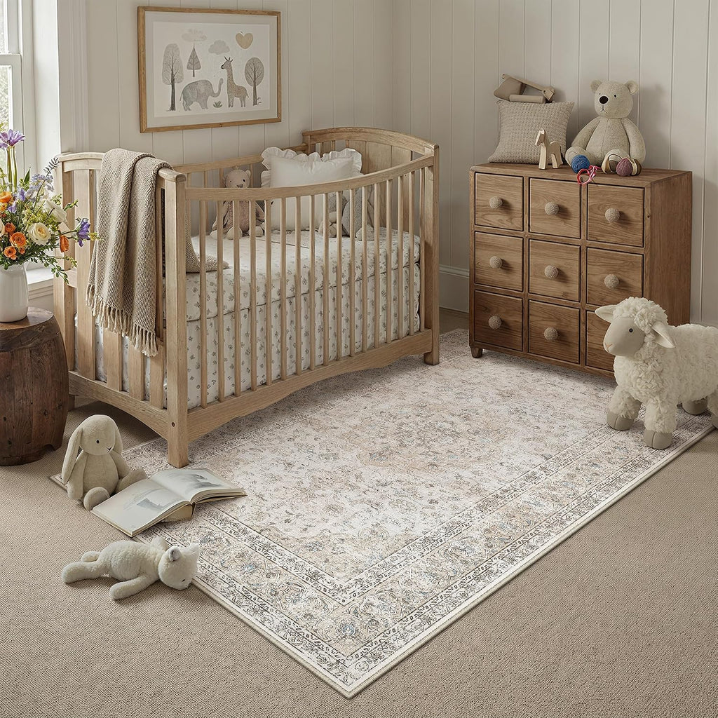 4x6 Washable Area Rug Beige Grey Non Slip Vintage Carpet