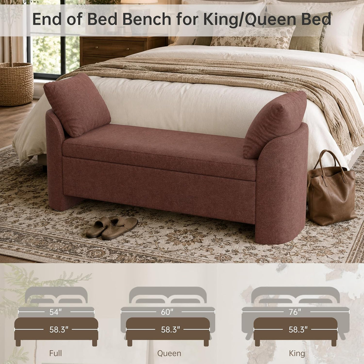 Usaint 58.3" Upholstered Storage Ottoman Bench with 2 Pillows, Rusty Red