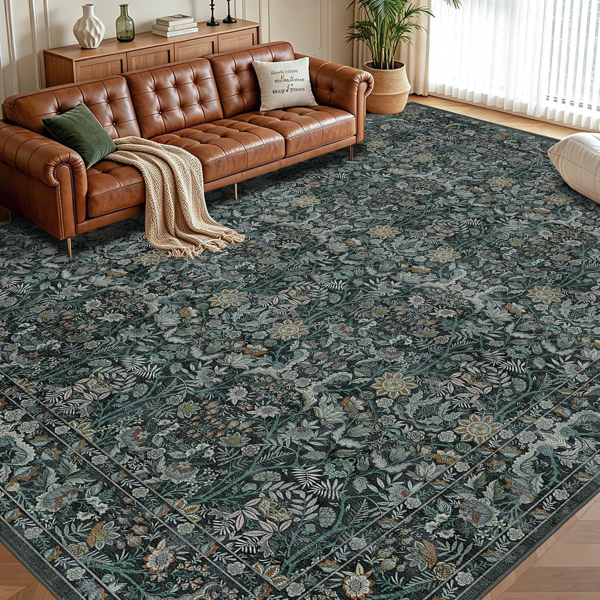 Vintage Botanical Area Rug 9x12: Floral Carpet Non-Slip - Dark Green