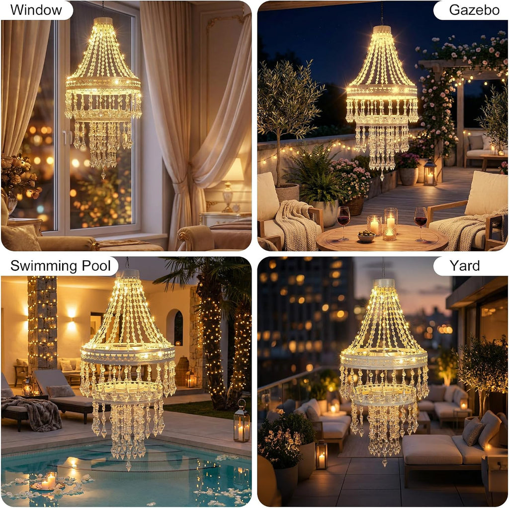 Solar Crystal Hanging Chandelier Outdoor Decorative Garden Light | Acrylic Crystals with 30 Warm LEDs for Gazebo, Wedding, Party, Tree Perfect Gift for Mom