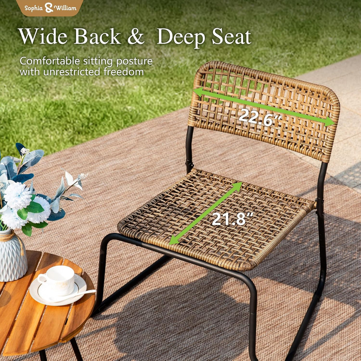 Sophia & William 3-Piece Bistro Set - Stackable Rattan Chairs & Table