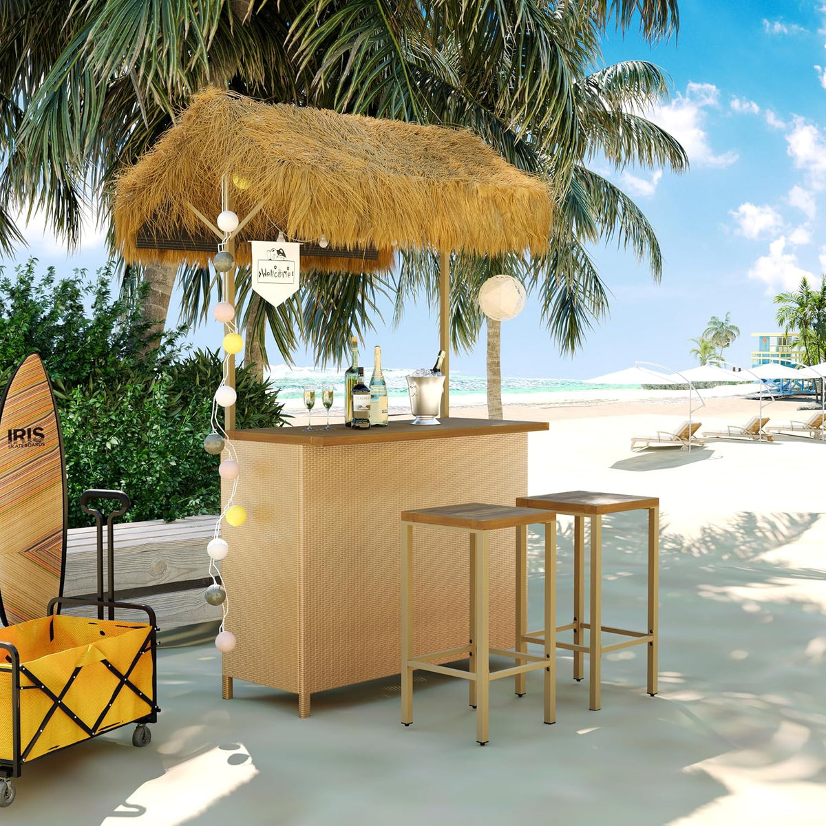 LUMISOL 3pcs Outdoor Bar Set, Hawaiian Style Bar Height Patio Set with PE Grass Canopy, Acacia Wood Top and Adjustable Feet, 3 Piece Wicker Island Bar and 2 Stools Set, Natural