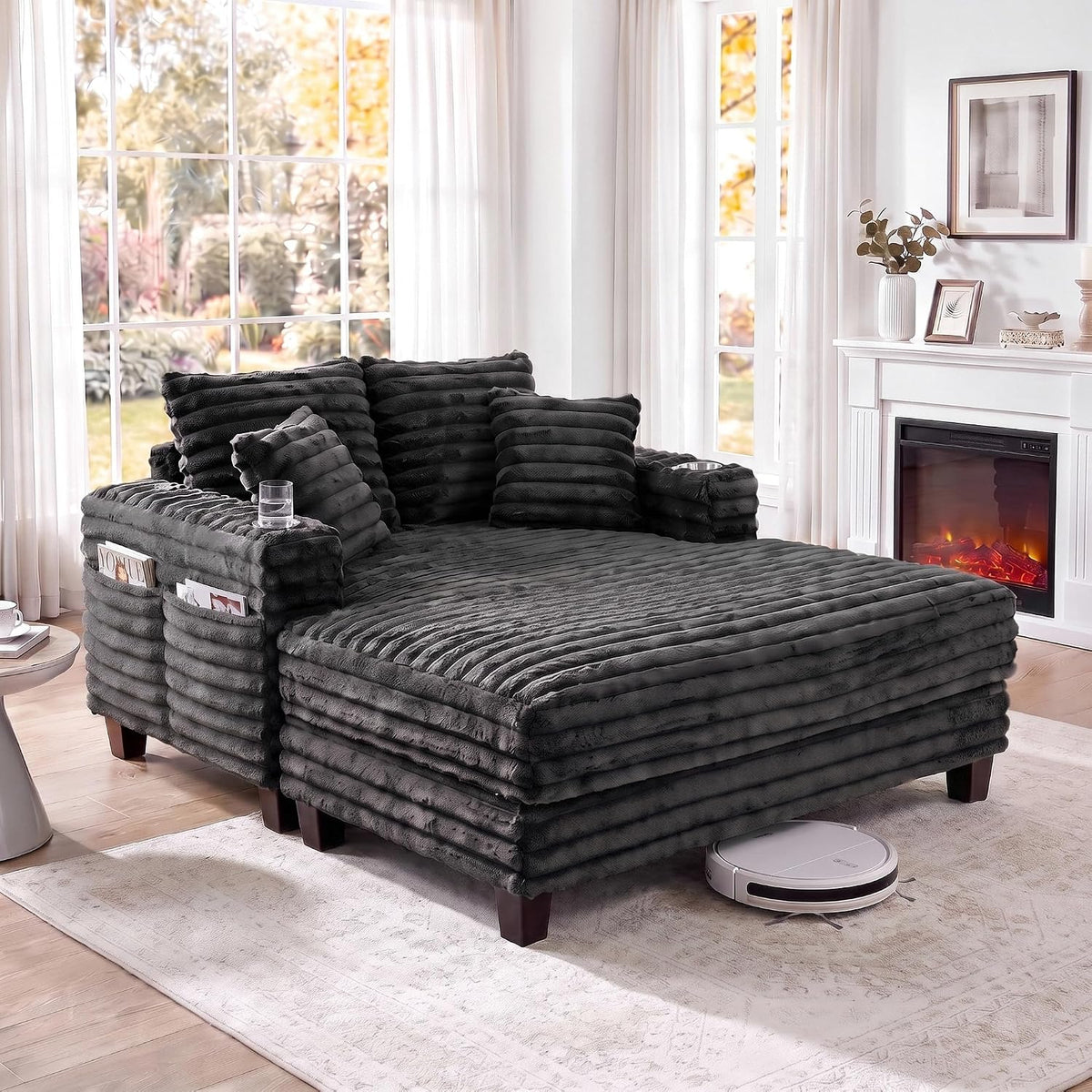 Amsleekey 64" Oversized Chaise Lounge Chair with Wood Frame, 2 Cup Holders