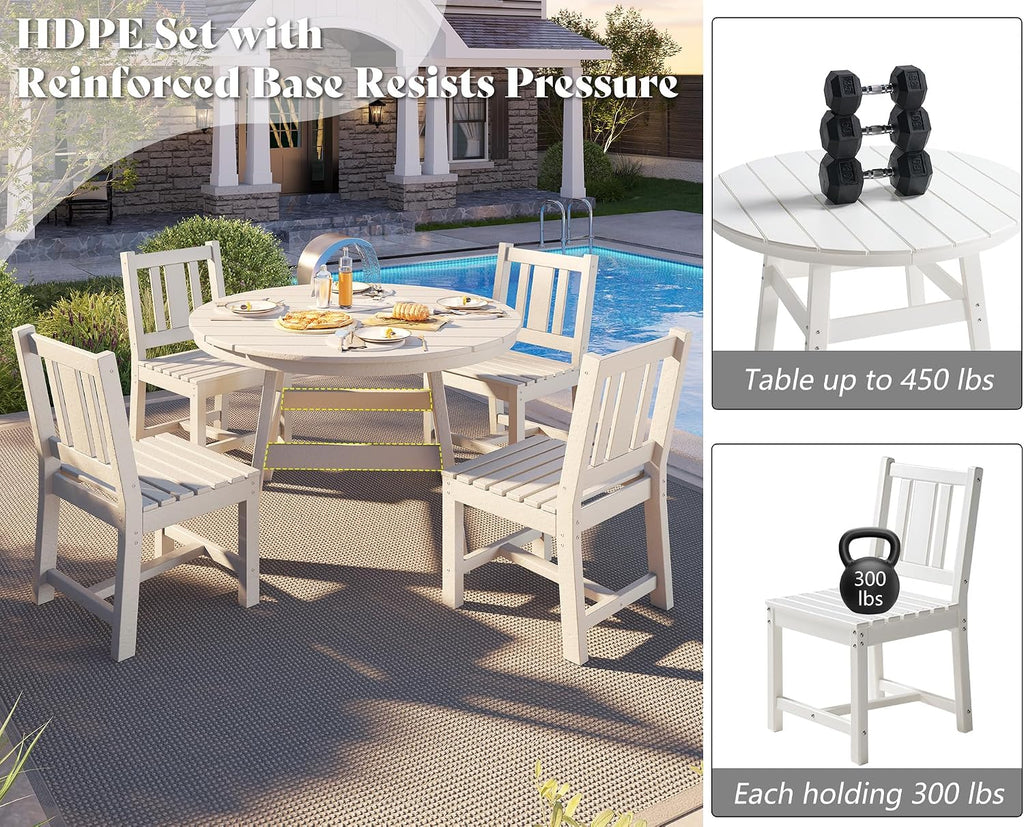 AMERLIFE 5 Piece HDPE Patio Dining Table Set with Chairs, White