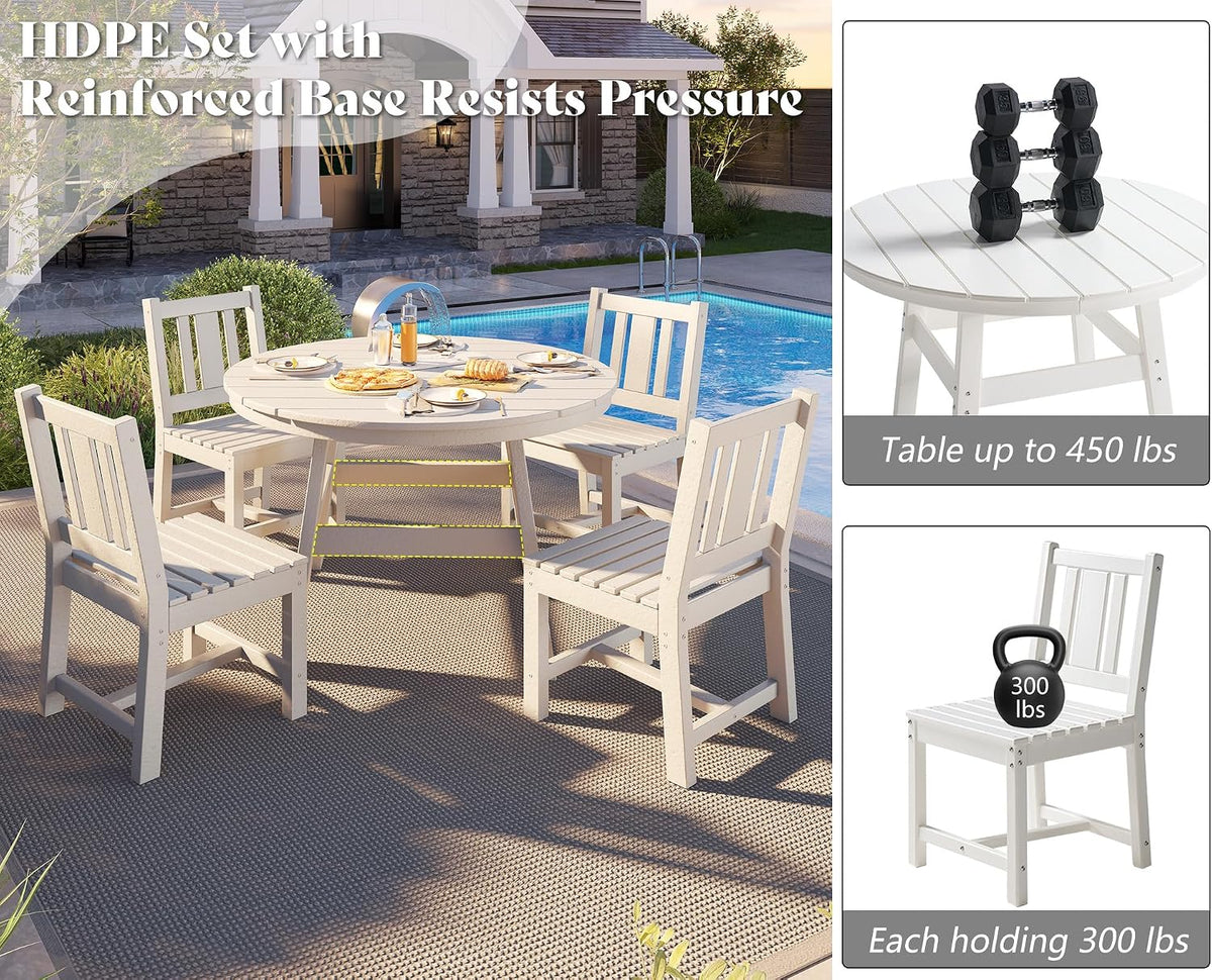 AMERLIFE 5 Piece HDPE Patio Dining Table Set with Chairs, White
