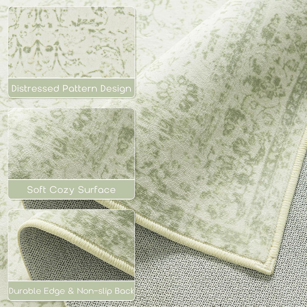 Light Green Area Rug 6x9 Floral Print Washable Throw Rugs for Living Room