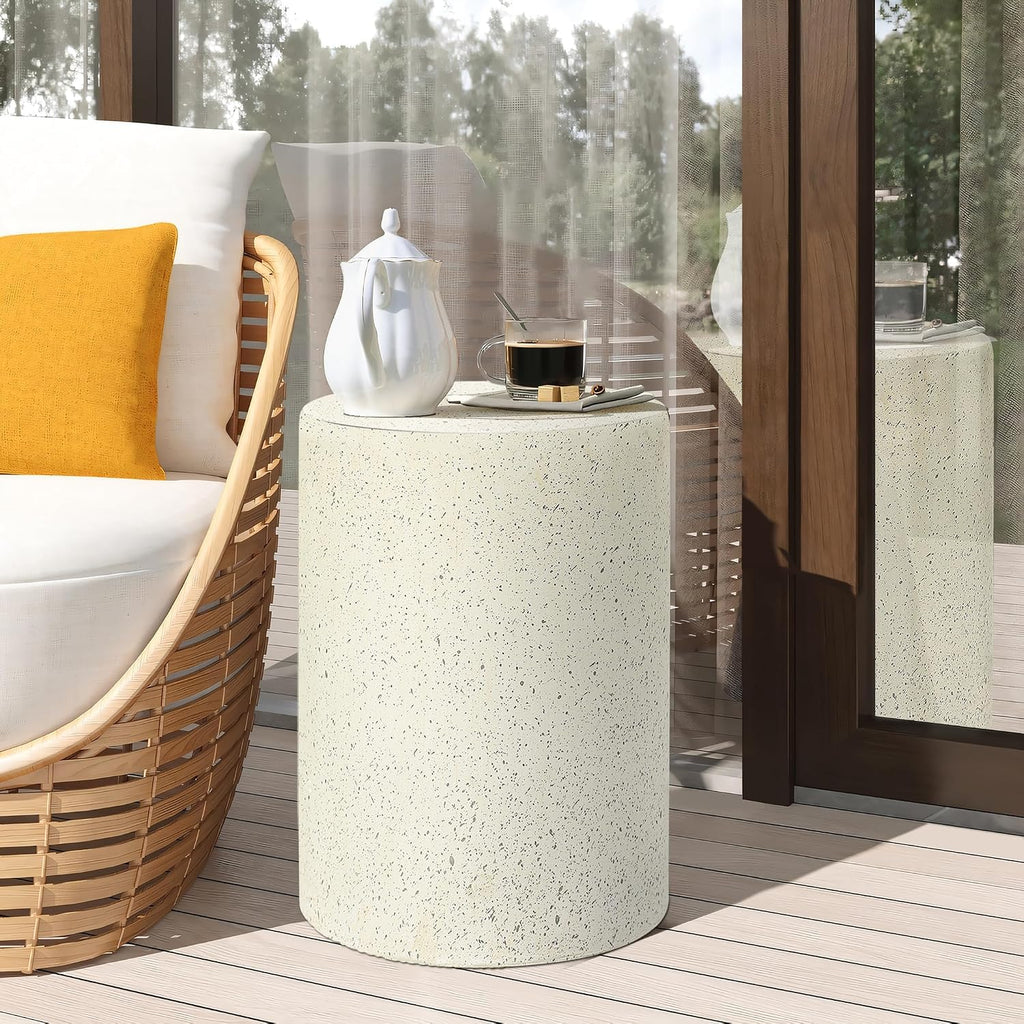 LuxenHome 18" Cement Outdoor Side Table, Modern Round Patio End Table