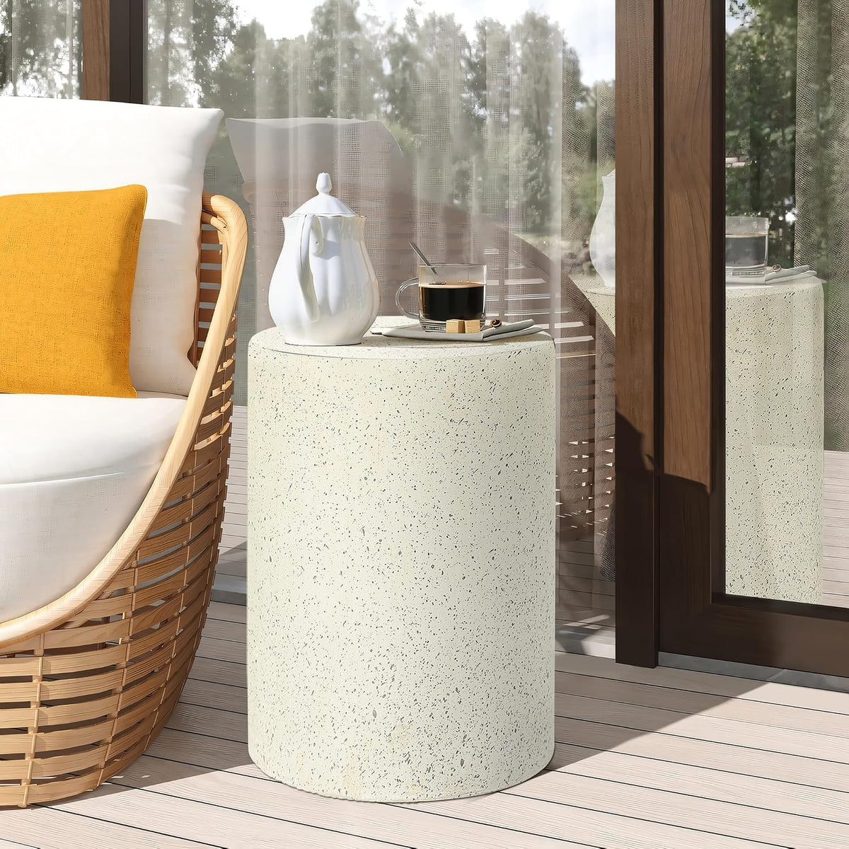 LuxenHome 18" Cement Outdoor Side Table, Modern Round Patio End Table