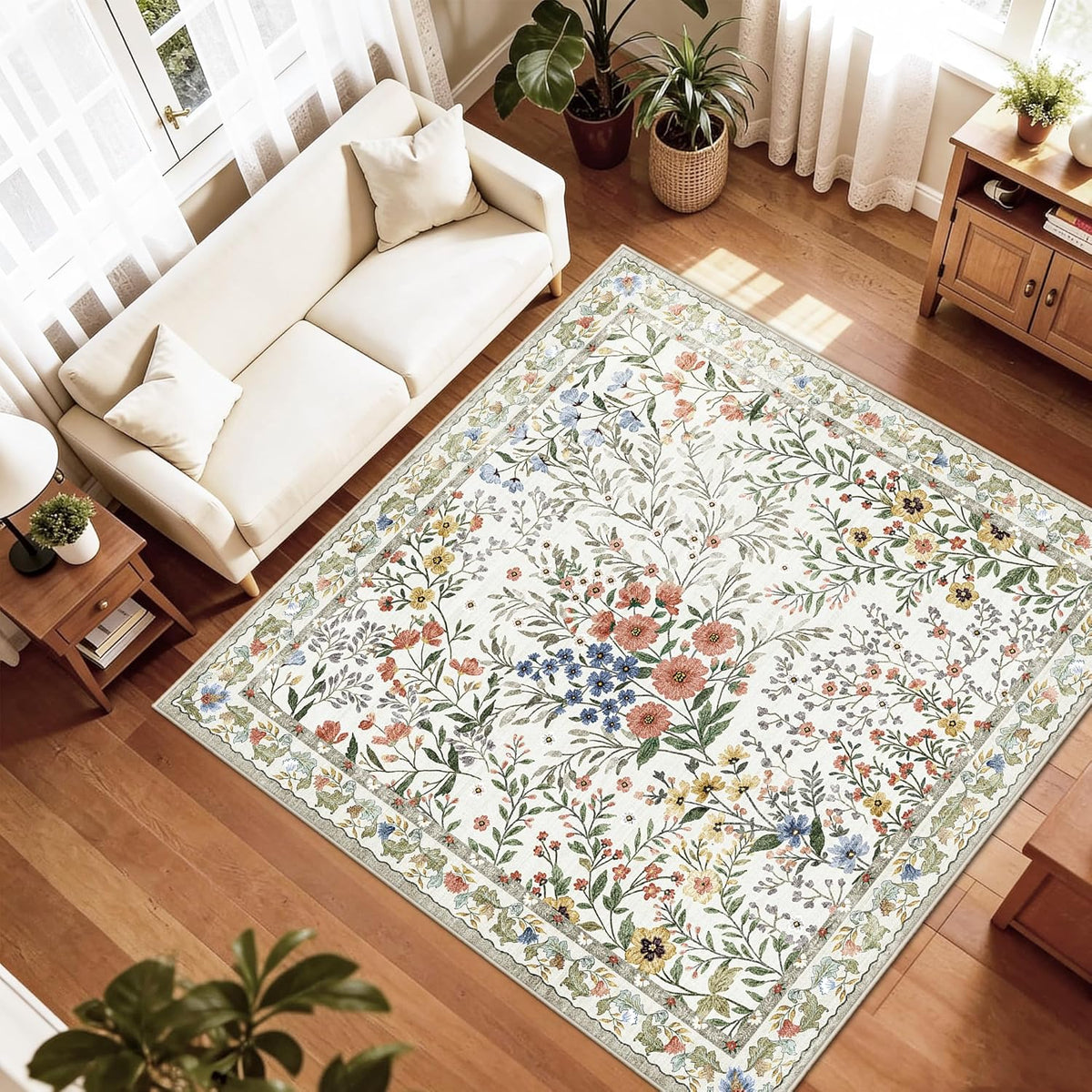 6x6 Washable Area Rug Living Room: Floral Non-Slip Washable Mat for Indoor Floor Dining Room Bedroom High Traffic Area - Soft Low Pile Carpet for Vintage Boho Home Decor (6ft Square, Beige)