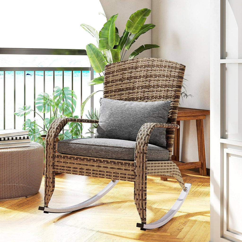 Outsunny Outdoor Wicker Adirondack Rocking Chair High Back Gray