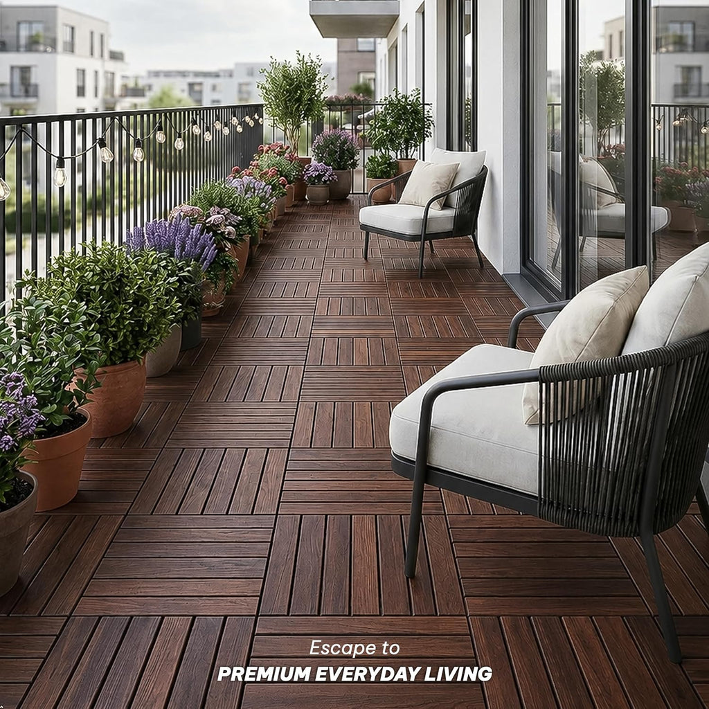 Acacia Interlocking Deck Tiles, 9 PCS Wood Flooring, 6 Slats, Walnut