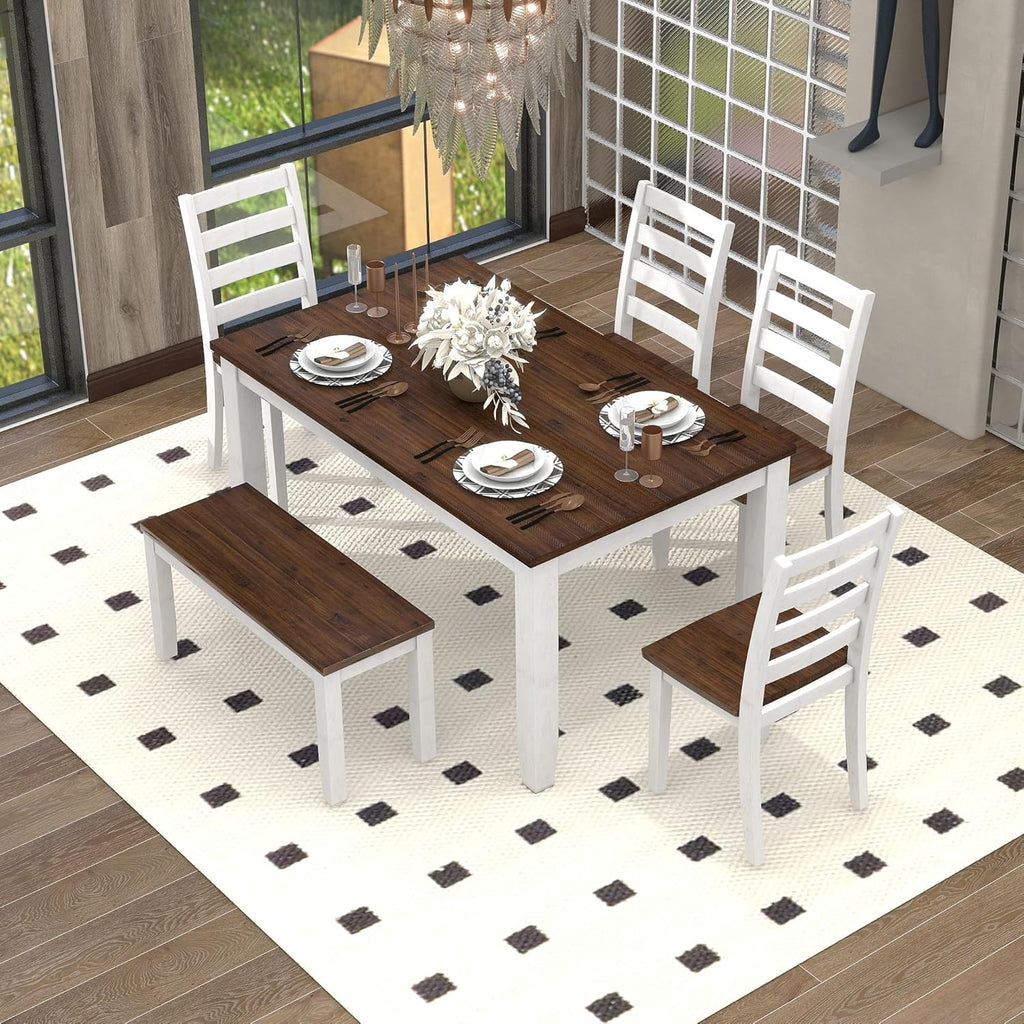 LUMISOL 6-Piece Farmhouse Dining Table Set for 6-7, Solid Wood Kitchen Table Set with Bench and Chairs, Rustic Table and Chairs Set for Kitchen, Dining Room, Walnut + Cottage White