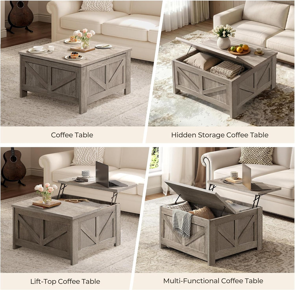 Yaheetech 31.5" Farmhouse Lift Top Coffee Table with Hidden Storage, Gray