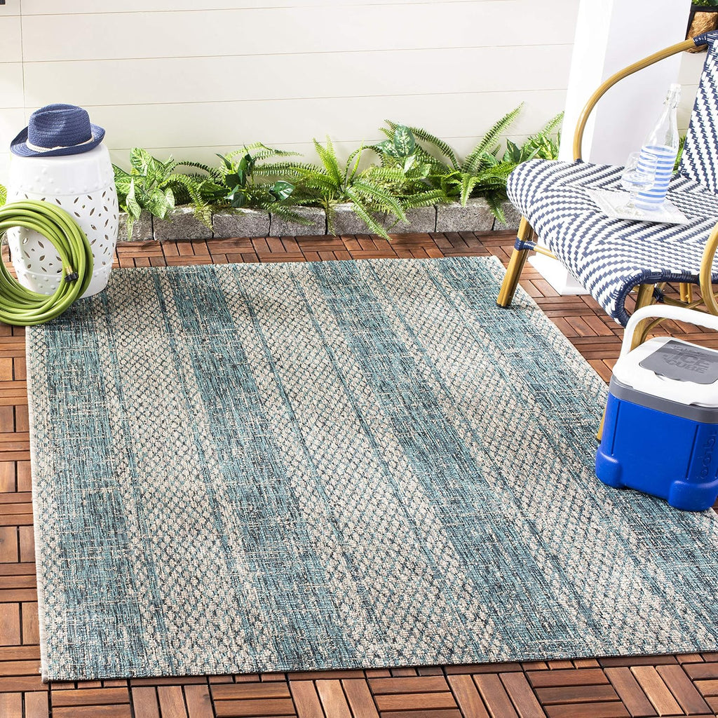 SAFAVIEH Washable Rug Outdoor Courtyard Collection - 2'7" x 5', Light Grey & Teal, Non-Shedding & Easy Cleaning, Ideal for Patio, Backyard, Mudroom (CY8736-37212)