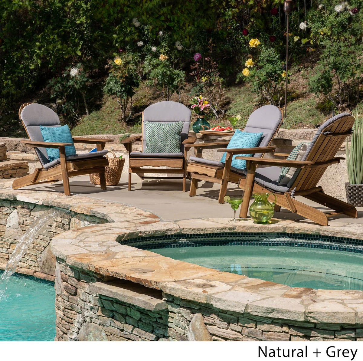 Christopher Knight Home Amenda Outdoor Acacia Wood Folding Adirondack Chairs with Cushions (Set of 4), Natural and Gray