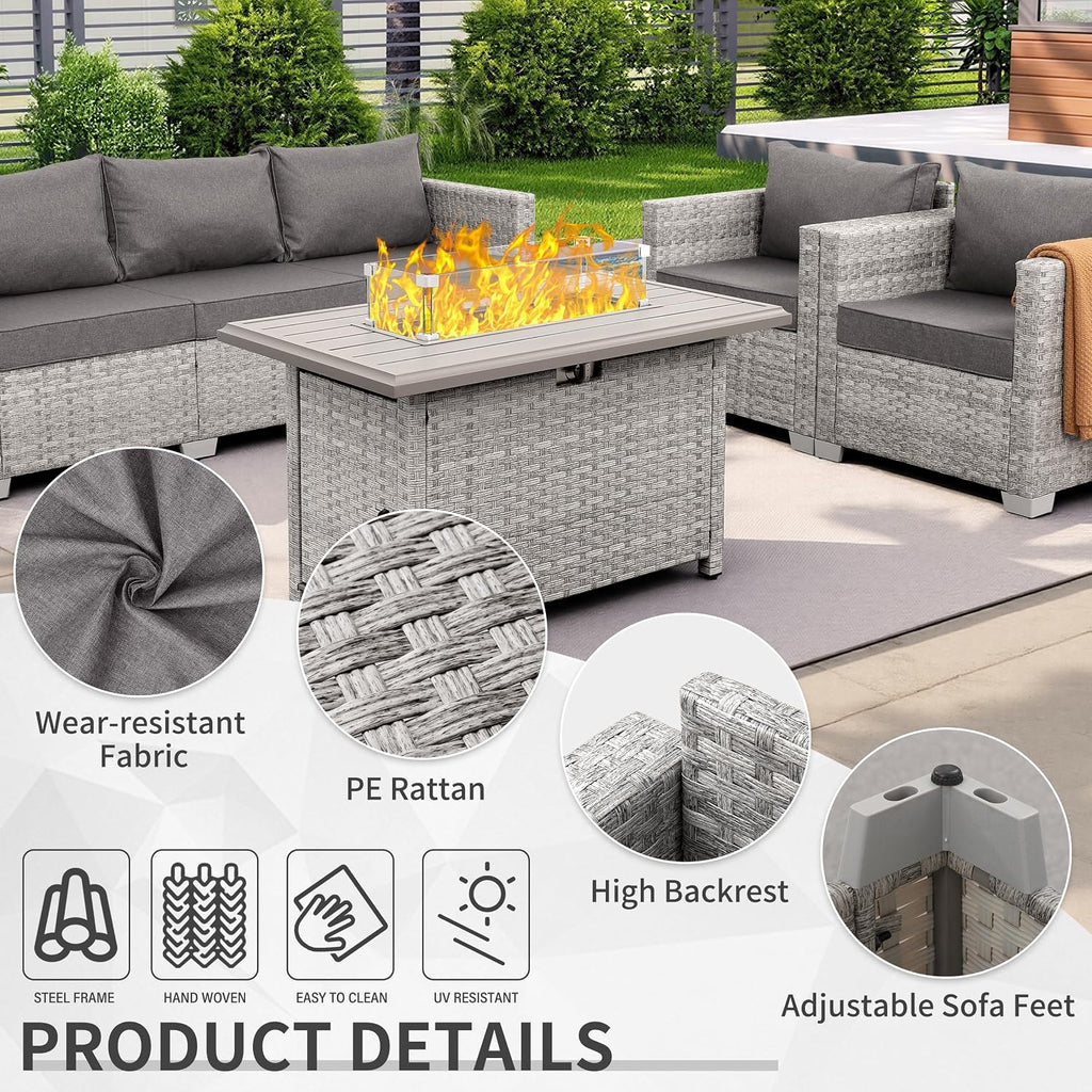 WAROOM Patio Furniture Set 4 Piece Outdoor Wicker Conversation Sets PE Rattan Couch Sectional Sofa with Fire Pit Table, Grey Cushion