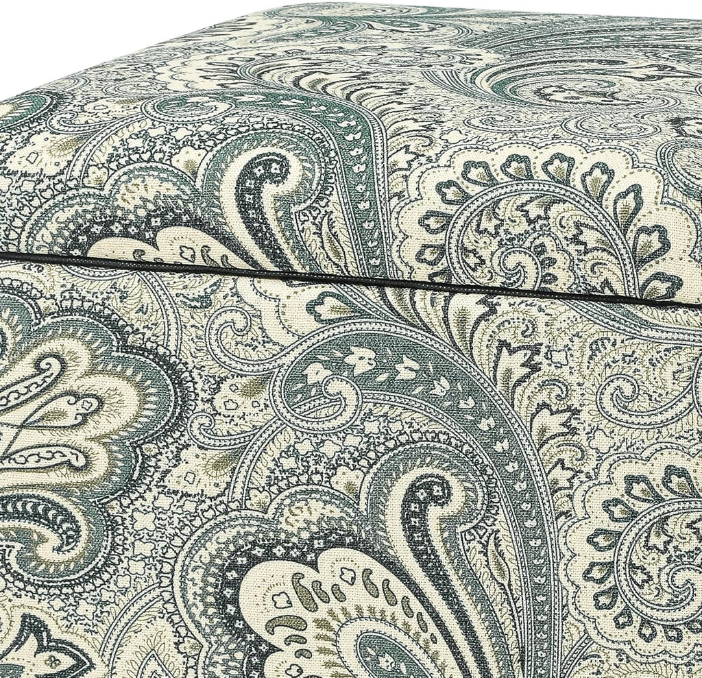 Adeco 18" Cube Storage Ottoman in Blue Paisley, Upholstered Linen Foot Stool & Accent Chair for Entryway, Vanity or Small Spaces