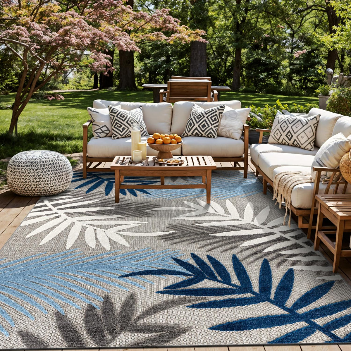 Rugshop Palm Indoor/Outdoor Non-Shedding Deck Patio Area Rug Blue 5' x 7'