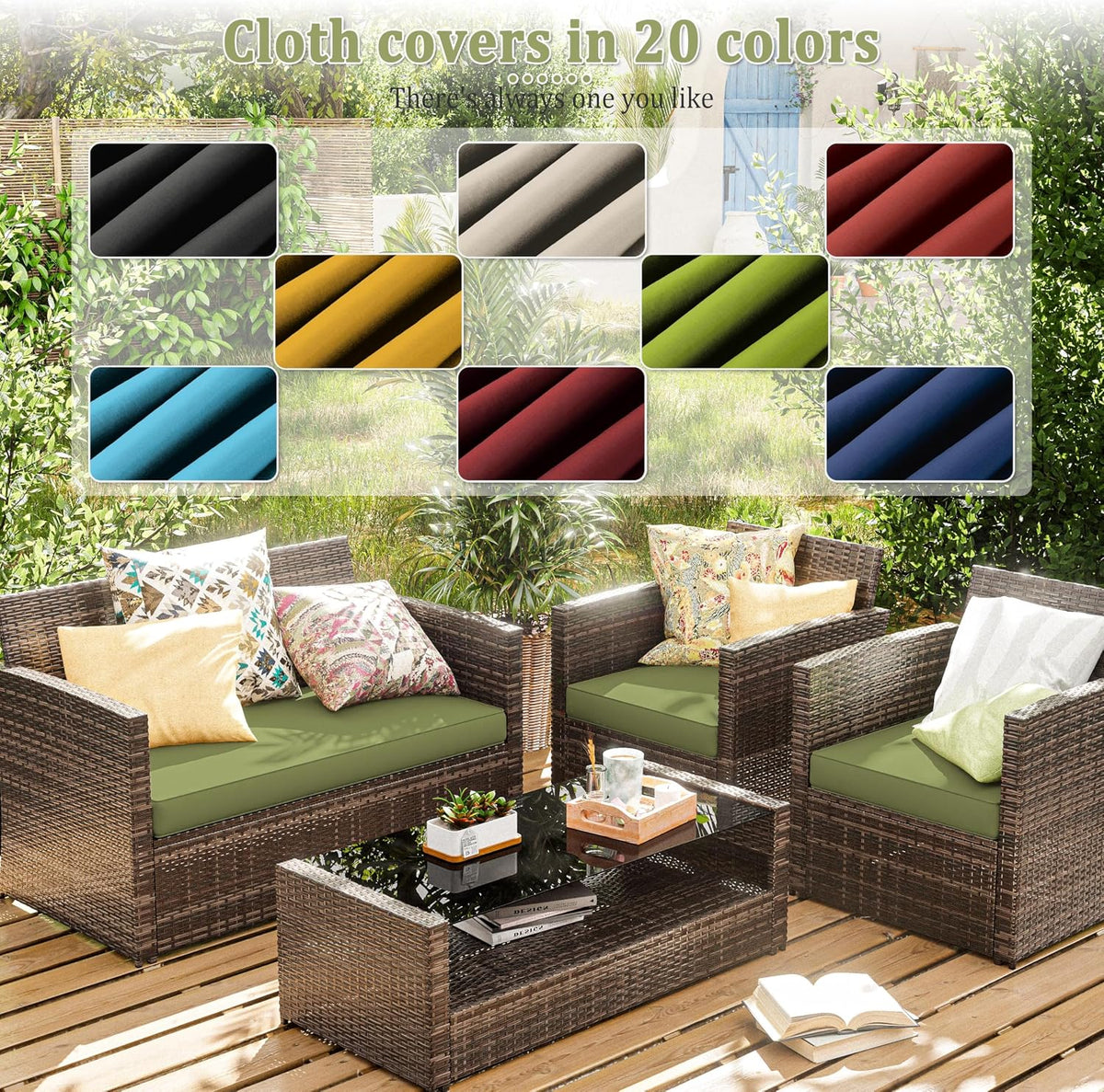 3 Pcs Outdoor Cushion Covers, Patio Cushion Covers Replacement Fit for 4-Seater Wicker Rattan Patio Set Chair Couch,36×18×2,18×18×2, Covers Only, Light Green