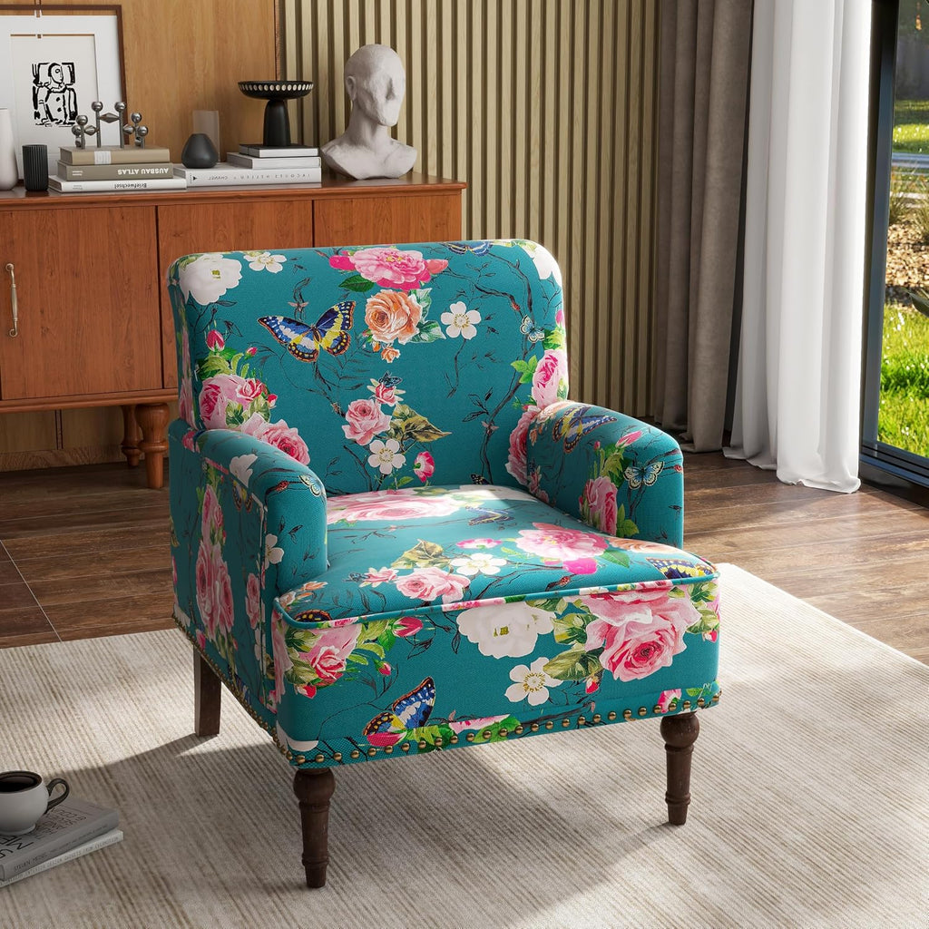 Floral Accent Chairs Set of 2, Fabric Upholstered Armchair