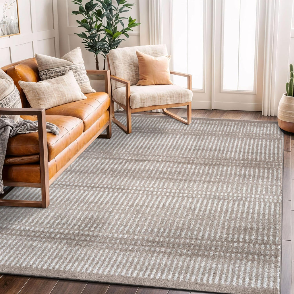 Rugshop Contemporary Stripe Lines High Traffic Area Rug Beige 5' x 7'