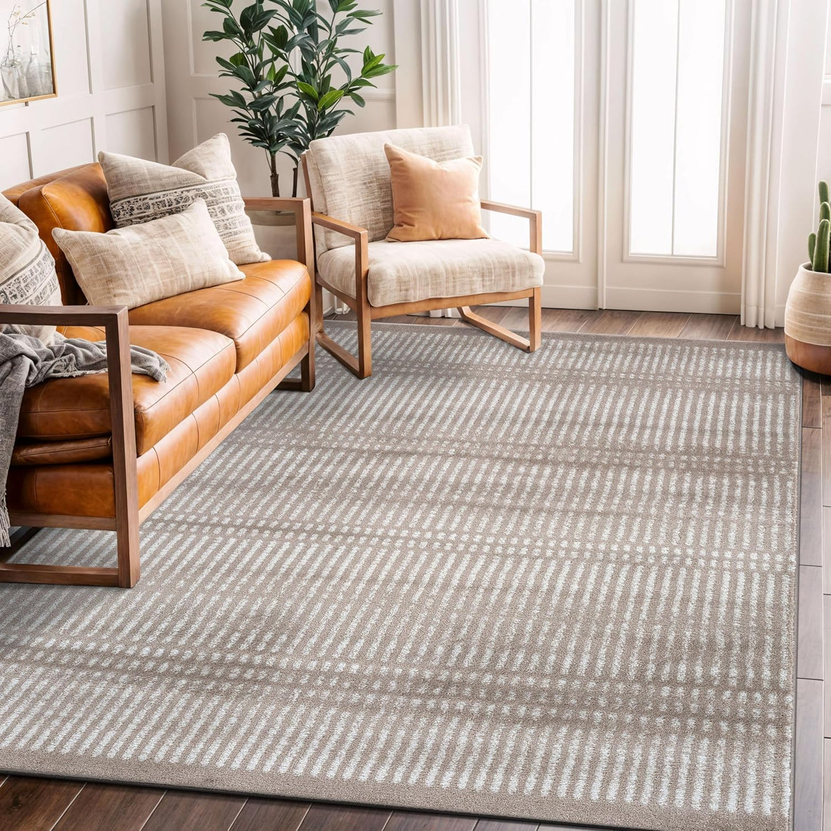 Rugshop Contemporary Stripe Lines High Traffic Area Rug Beige 5' x 7'