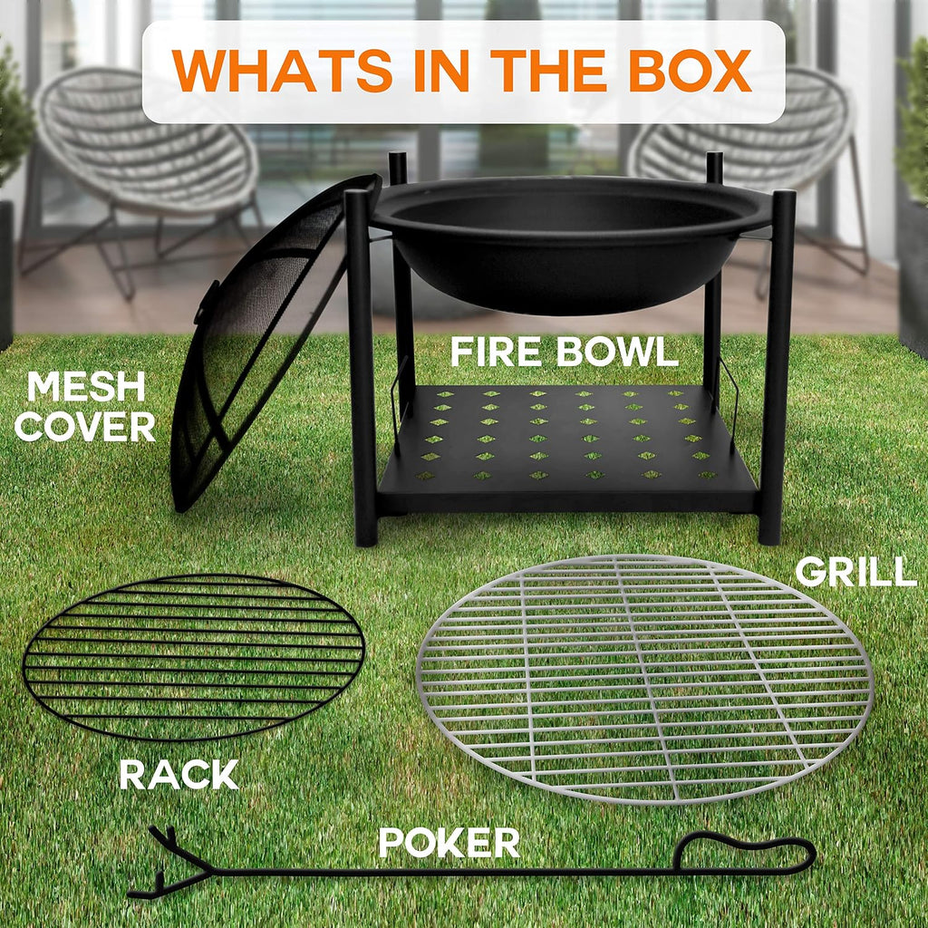 SereneLife Outdoor Wood Fire Pit - 26" Steel BBQ Grill with Mesh Spark Screen, Log Grate, Fire Poker & Cover for Camping, Picnic, Bonfire - Durable, Easy to Assemble, 2 in 1