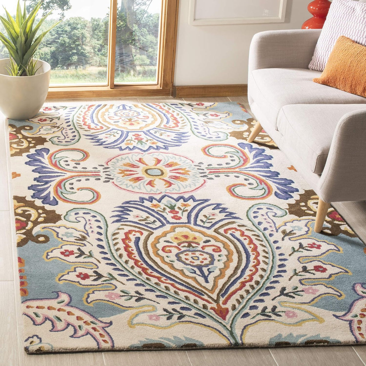 SAFAVIEH Area Rug 8x10 - Bella Collection - Large - Ivory & Teal, Handmade Wool, Boho Design, Ideal for Living Room, Bedroom, Office, Dining Space (BEL118A)