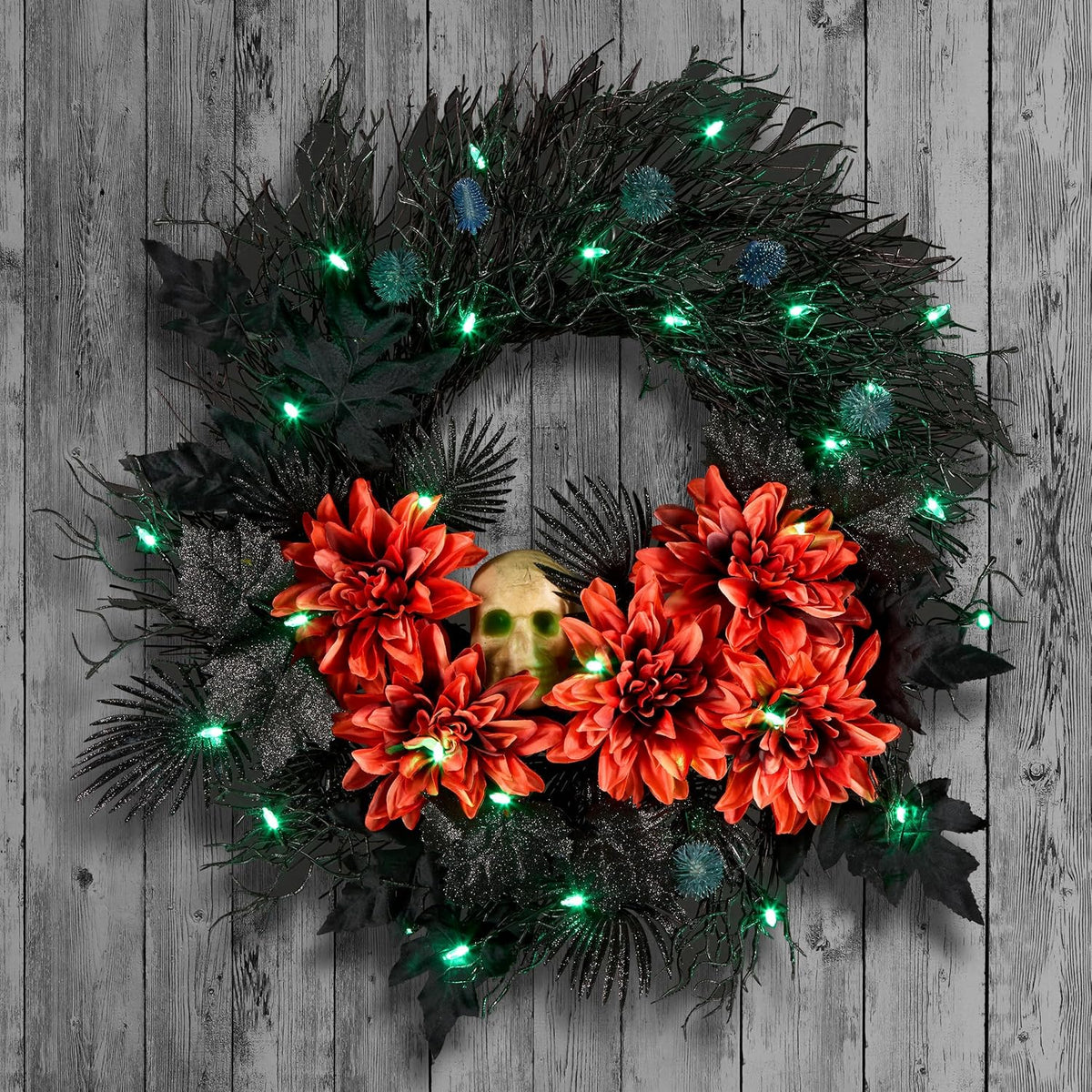 National Tree Company, 24inch Artificial Boo-Tiful Halloween Wreath with Orange Florals and White Skull, 30 Green LED Lights