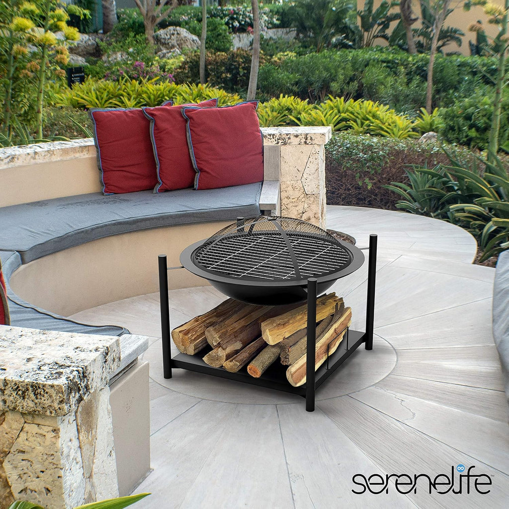 SereneLife Outdoor Wood Fire Pit - 26" Steel BBQ Grill with Mesh Spark Screen, Log Grate, Fire Poker & Cover for Camping, Picnic, Bonfire - Durable, Easy to Assemble, 2 in 1