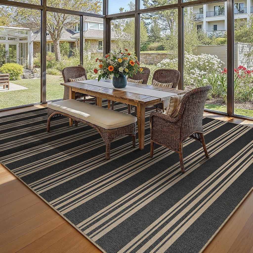 PureCozy Outdoor Rug 5x7 Washable Striped Jute Look Non Slip Carpet