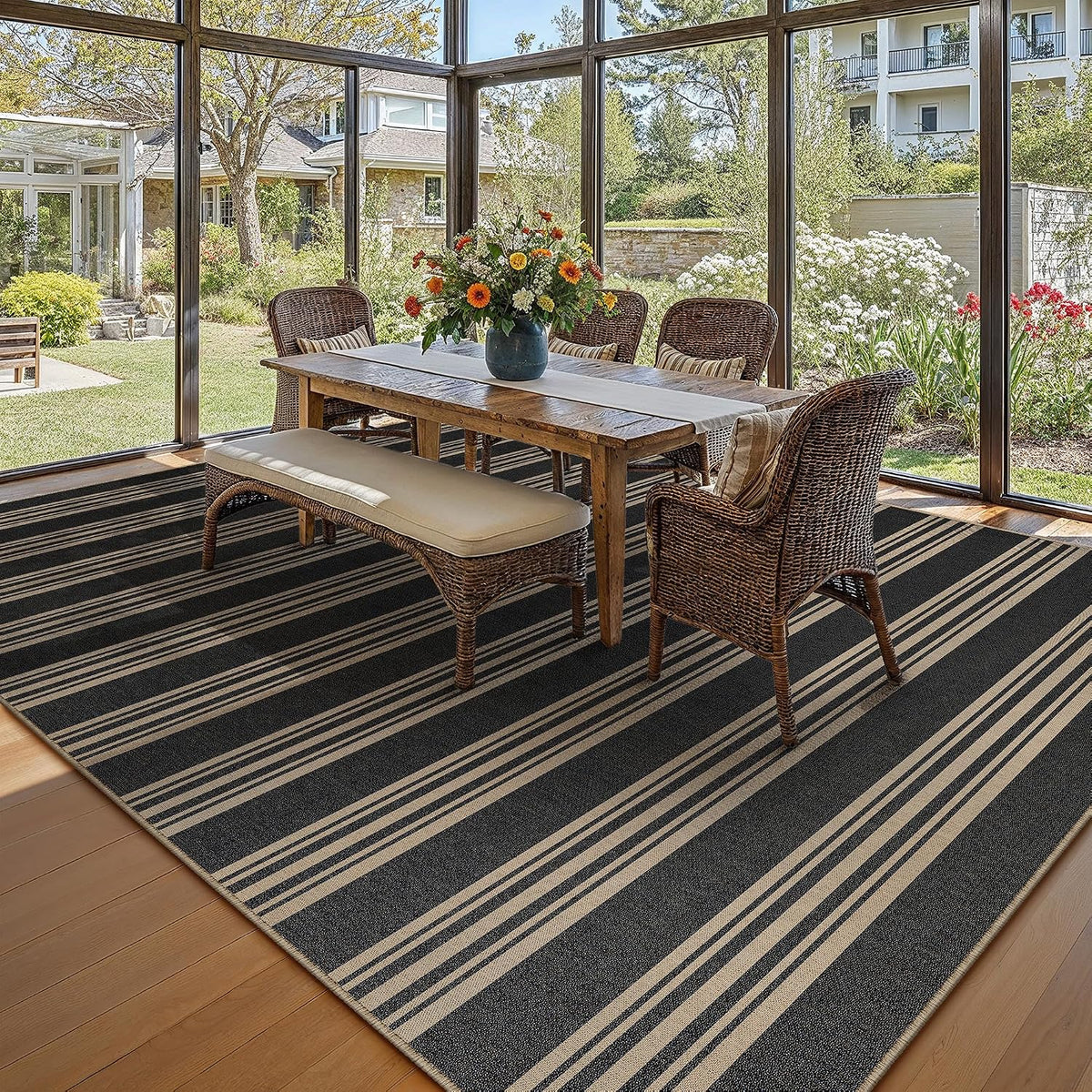 PureCozy Outdoor Rug 5x7 Washable Striped Jute Look Non Slip Carpet