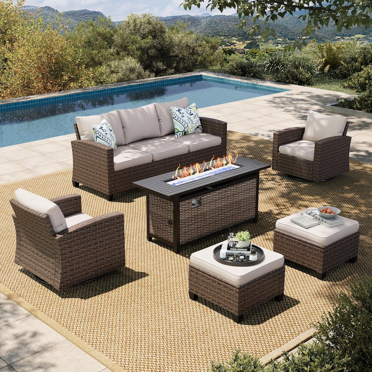 HERA'S HOUSE Swivel Glide Patio Furniture Set with Fire Pit Table Wicker