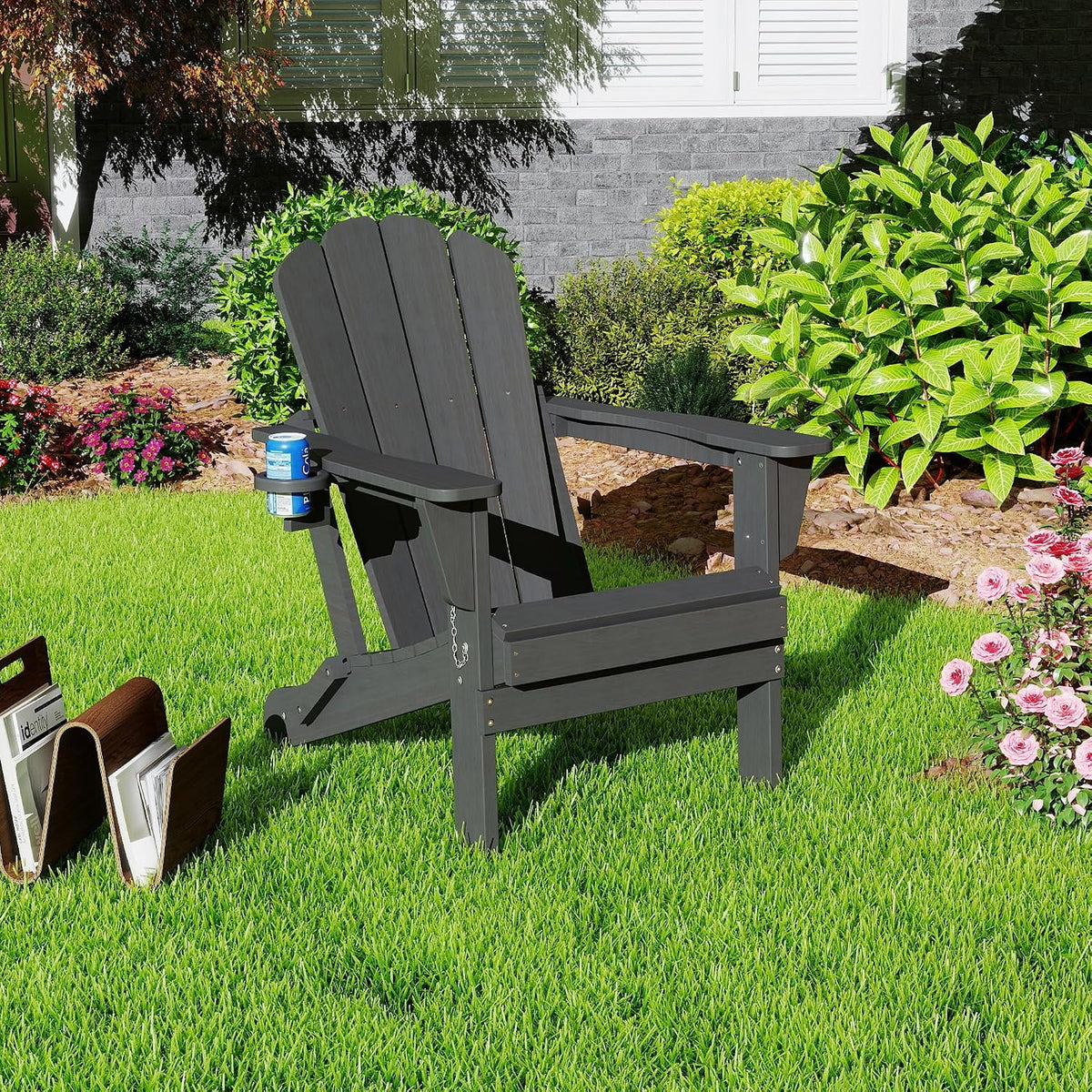 Domi Folding Adirondack Chair, HDPE All-Weather Adirondack Chairs with Cup Holder, Outdoor Plastic Fire Pit Chairs Wood Texture for Poolside, Patio, Backyard, Deck (Grey)