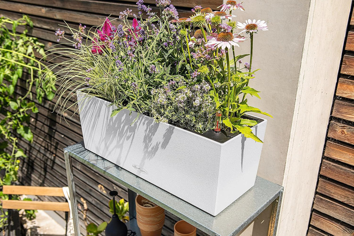 Lechuza BALCONERA Stone 50 Quartz White, Self-Watering Window Box (Railing Planter), H7.5 L19.7 W7.5 in