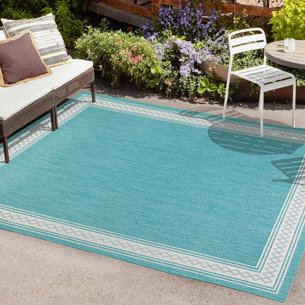 JONATHAN Y Diamond Border Indoor Outdoor Area Rug 3X5 Aqua/Light Gray, Lucia Classic for Backyard, Patio, Porch, Easy-Cleaning, High Traffic, Pet-Friendly, Non-Shedding (SMB207D-3)