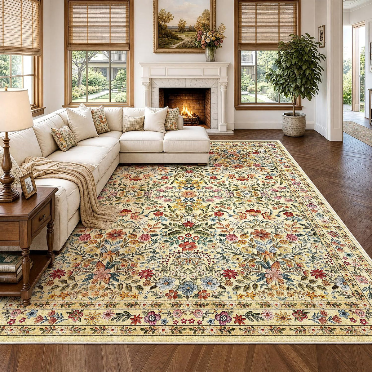 Beauoop 8x10 Floral Washable Beige Neutral Vintage Area Rug for Living Room