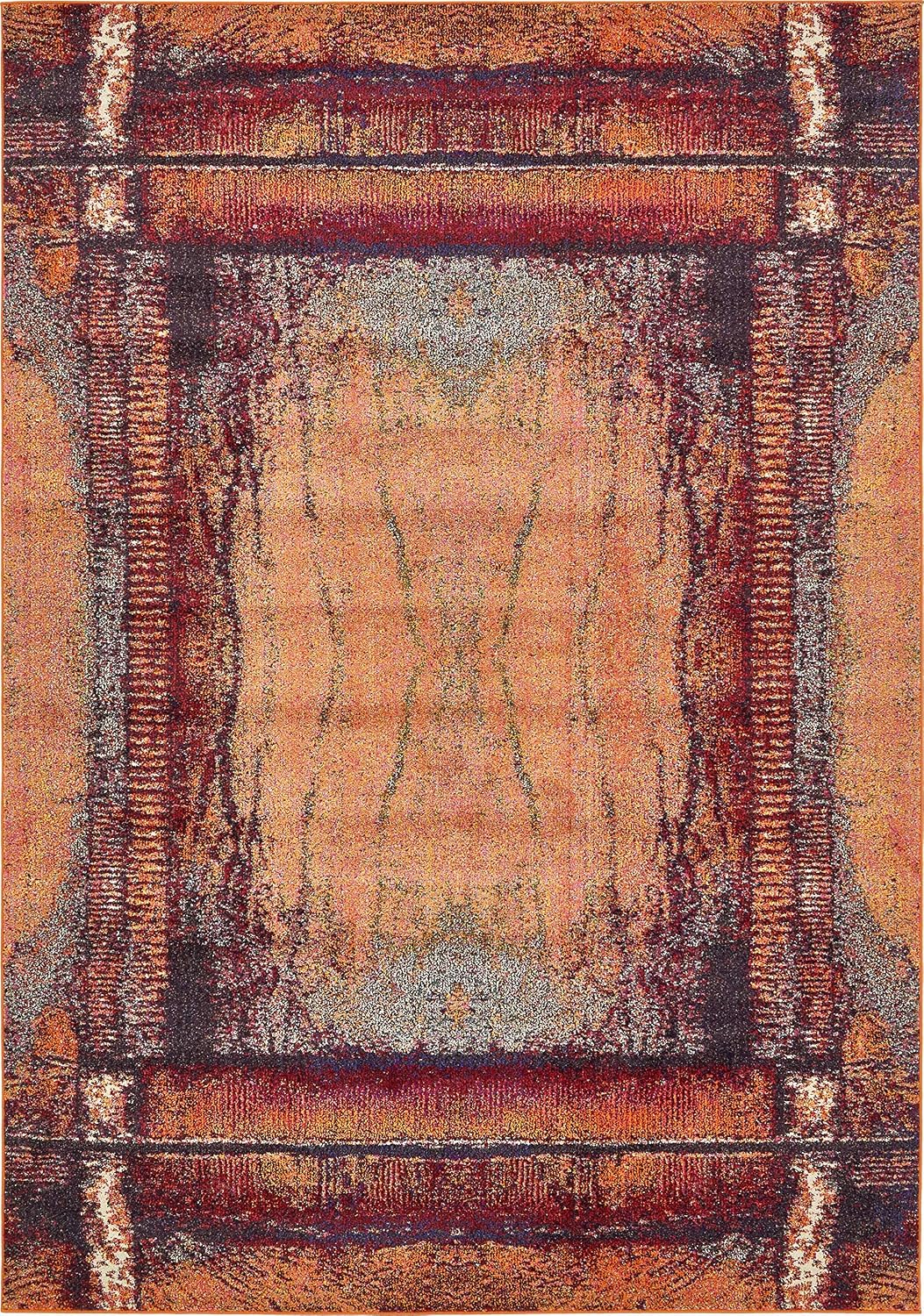 Unique Loom Estrella Collection Rustic, Distressed, Modern, Abstract Area Rug (7' 0 x 10' 0 Rectangular, Orange/Black)