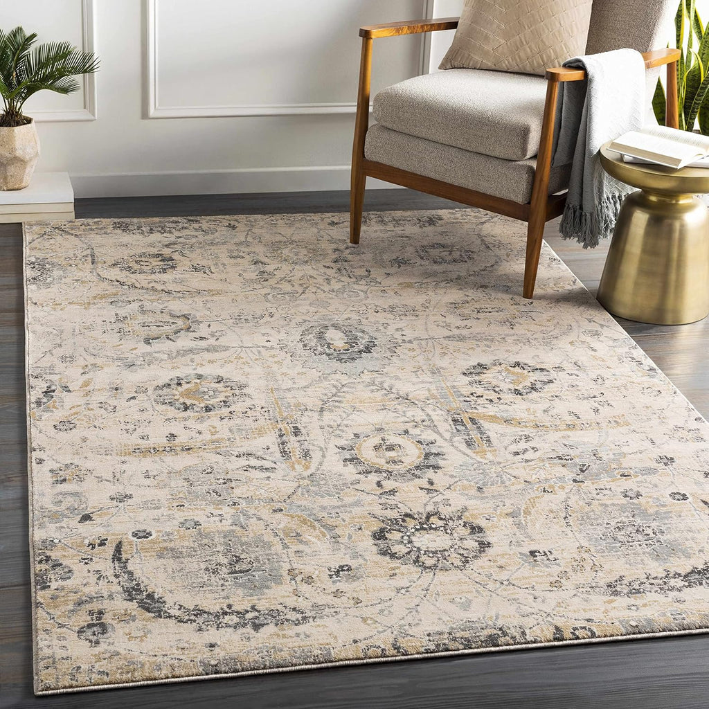 Hauteloom Obsidian Rustic Farmhouse Living Room Bedroom Dining Room Large Area Rug - Style - Traditional Floral Look - Bluish Medium Grey, Beige, Light Brown, Cream, Black - 8'10" x 12'
