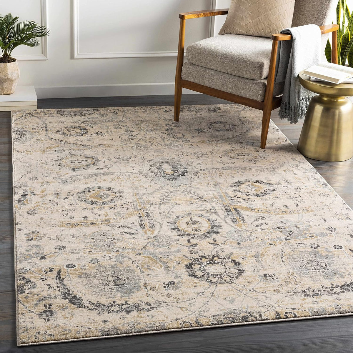 Hauteloom Obsidian Rustic Farmhouse Living Room Bedroom Dining Room Large Area Rug - Style - Traditional Floral Look - Bluish Medium Grey, Beige, Light Brown, Cream, Black - 8'10" x 12'
