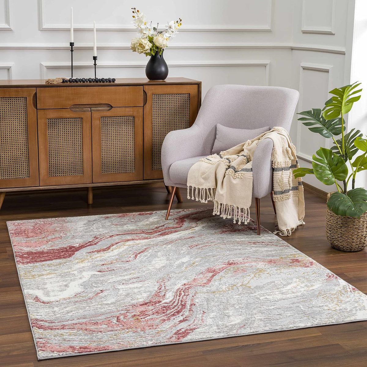 Hauteloom Malmesbury Modern Abstract Bedroom Living Room Area Rug - Marble Swirl Pattern - Contemporary Bohemian Farmhouse - Pink, Red, Grey, Off White - 5'3" x 7'