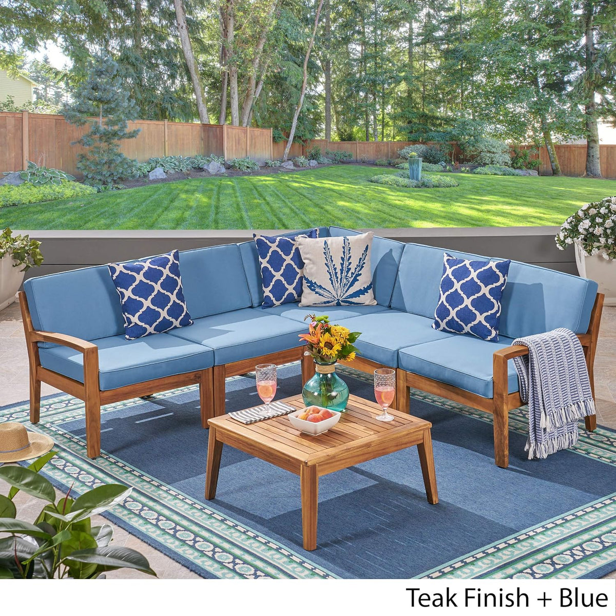 Great Deal Furniture Noble House Grenada Outdoor Acacia Wood 5 Seater Sectional Sofa Set Teak/Blue