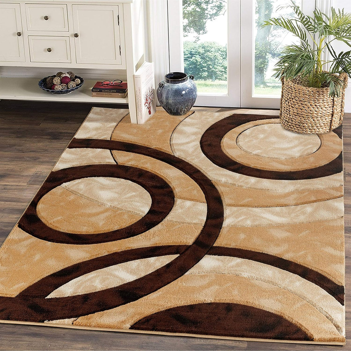 GLORY RUGS Area Rug Modern 4x6 Brown Circles Geometry Soft Hand Carved Contemporary Floor Carpet Fluffy Texture for Indoor Living Dining Room and Bedroom Area