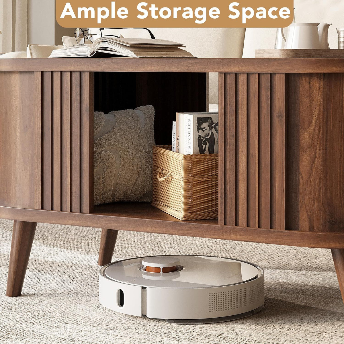 39.3" Oval Fluted Coffee Table with Storage, Fluted Mid-Century, Walnut