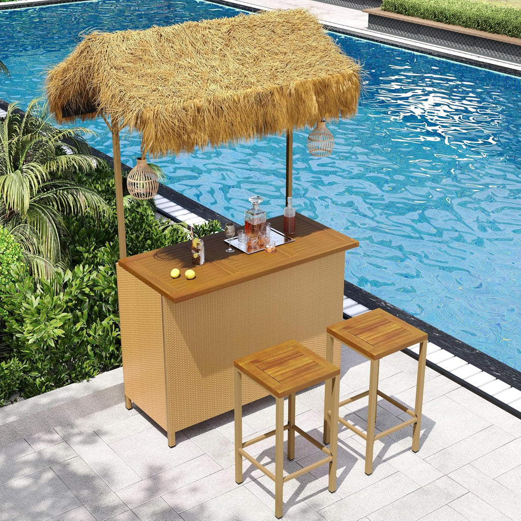 LUMISOL 3pcs Outdoor Bar Set, Hawaiian Style Bar Height Patio Set with PE Grass Canopy, Acacia Wood Top and Adjustable Feet, 3 Piece Wicker Island Bar and 2 Stools Set, Natural