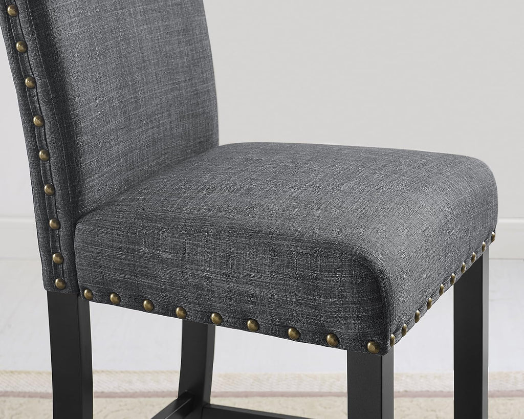 biony gray fabric counter height stools with nailhead, side view