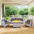 WAROOM Patio Furniture Set 4 Piece Outdoor Wicker Conversation Sets PE Rattan Couch Sectional Sofa with Fire Pit Table, Grey Cushion