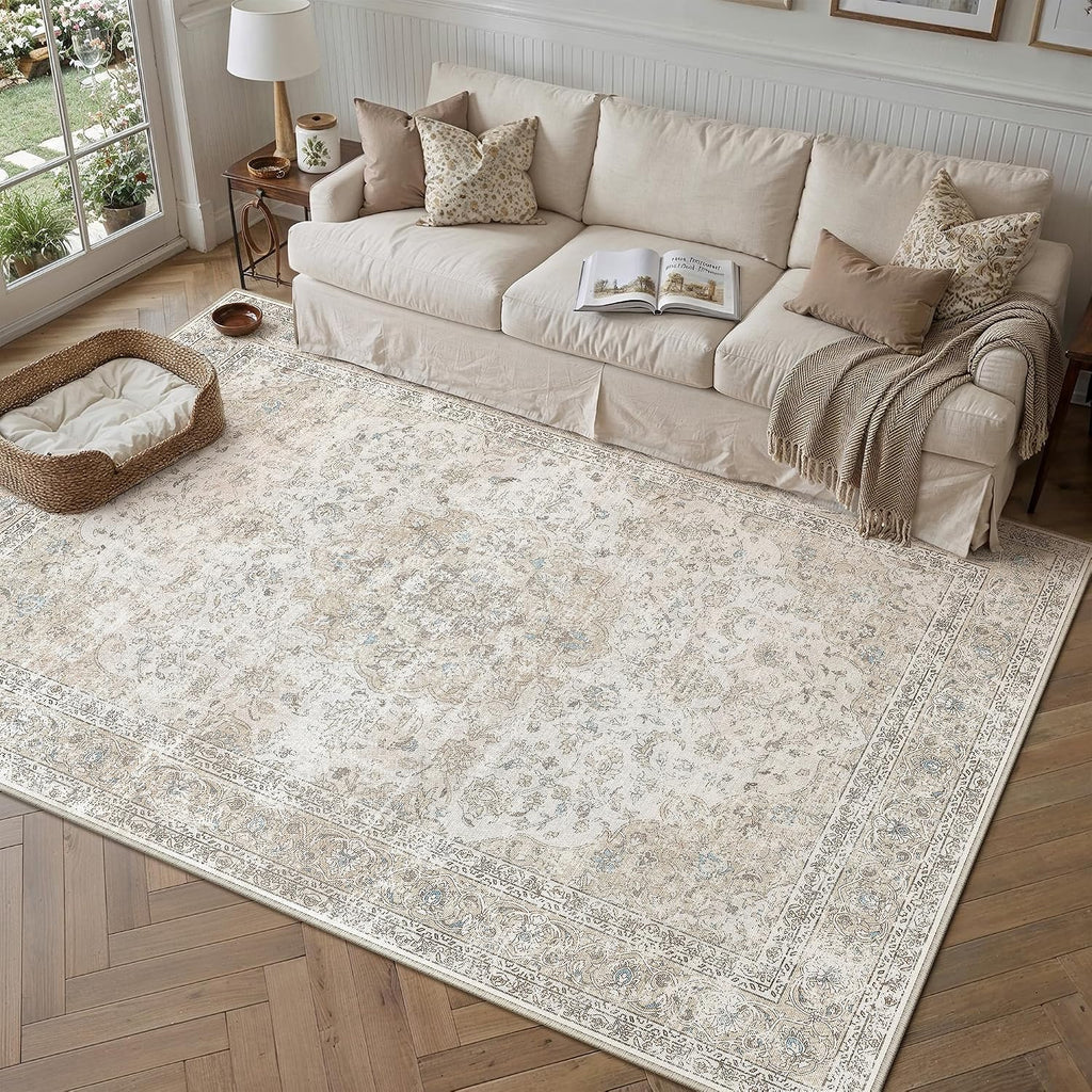 4x6 Washable Area Rug Beige Grey Non Slip Vintage Carpet