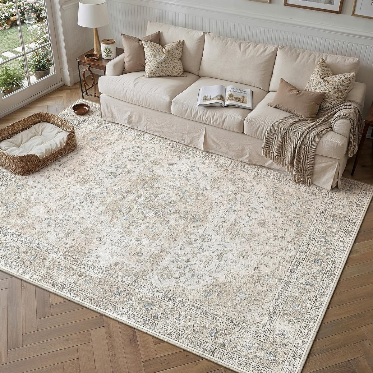 4x6 Washable Area Rug Beige Grey Non Slip Vintage Carpet